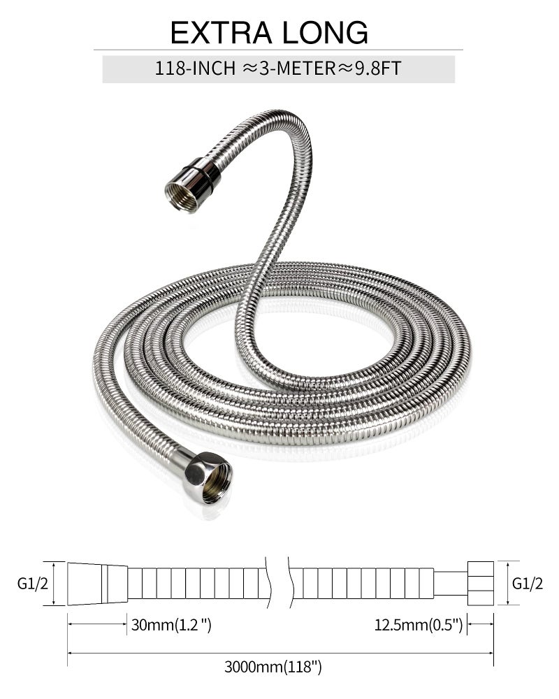 PHASAT 118-Inch Extra Long Indoor Outdoor Shower Tube Replacement Stainless Steel Handheld Shower Hose,Chrome,A3107C-3.0 - Image 2